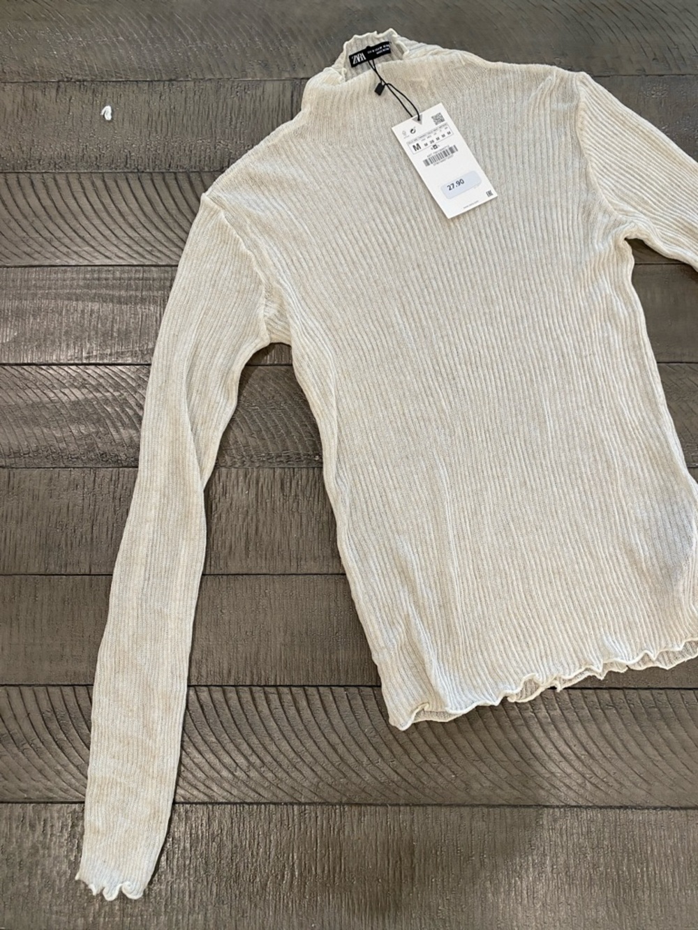 Zara Cream Ribbed Mock-Neck Long Sleeve Top with Lettuce Edge